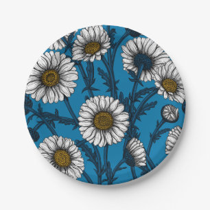 Daisies on blue paper plates