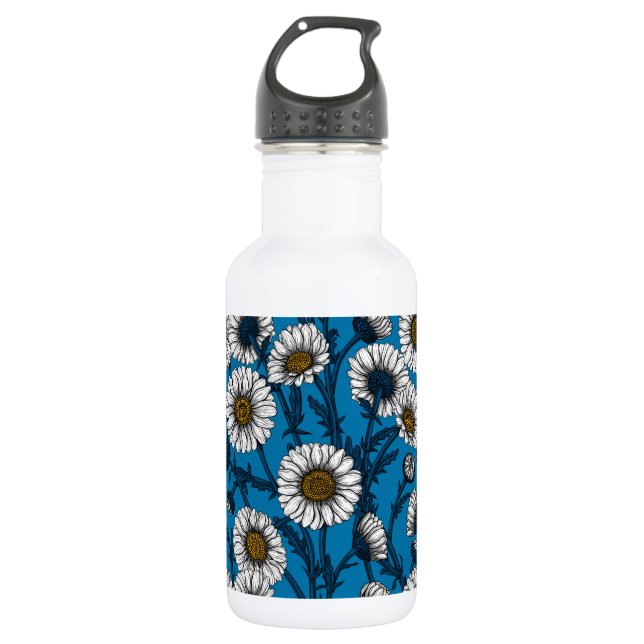 Daisies on blue stainless steel water bottle (Front)