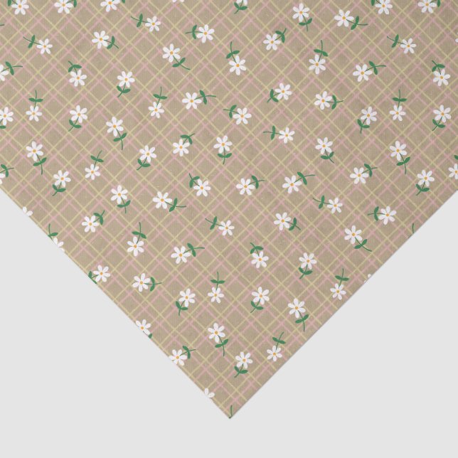 Daisies on Brown Plaid (large scale) Tissue Paper (Detail)