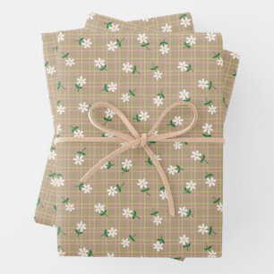 Daisies on Brown Plaid (large scale) Wrapping Paper Sheets
