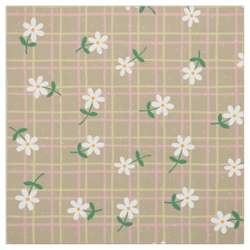 Daisies on Brown Plaid (medium scale) Fabric