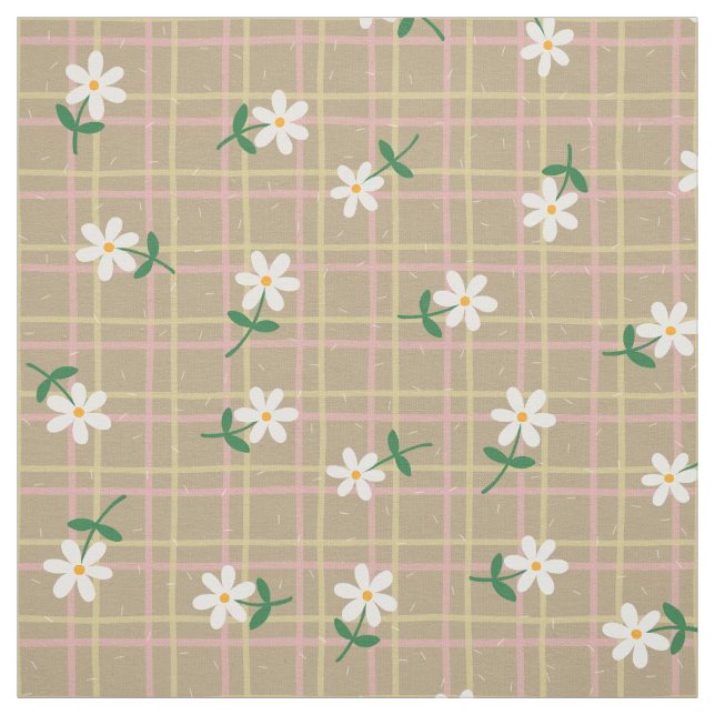 Daisies on Brown Plaid (medium scale) Fabric (Swatch)