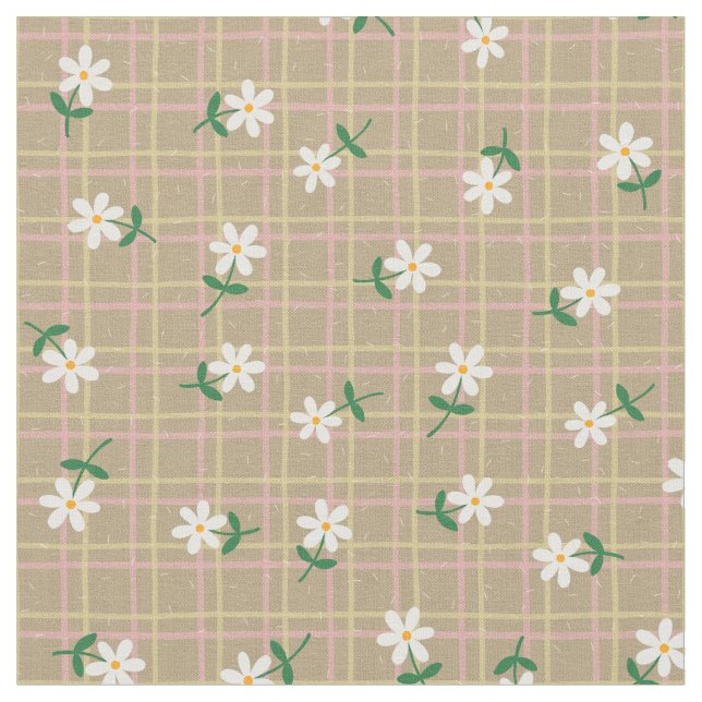 Daisies on Brown Plaid (small scale) Fabric (Close Up)