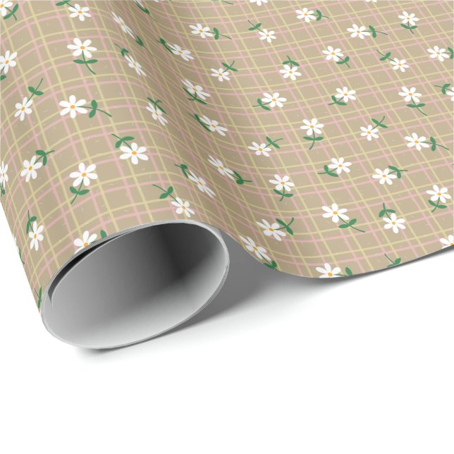 Daisies on Brown Plaid (small scale) Wrapping Paper (Roll Corner)