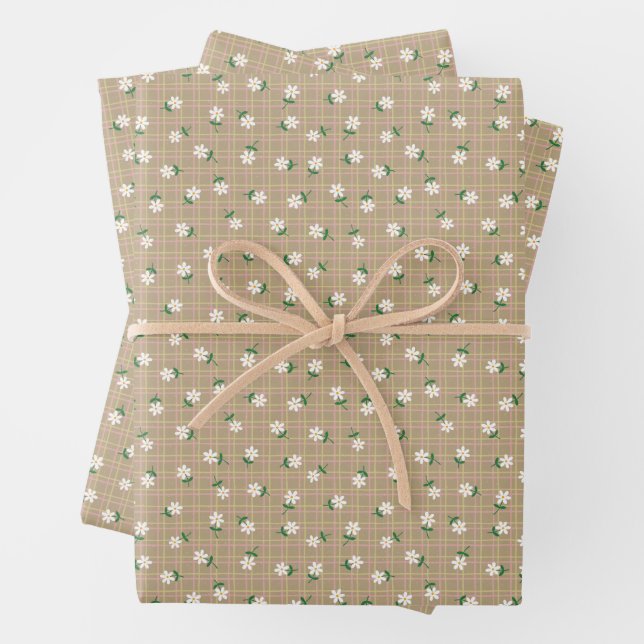 Daisies on Brown Plaid (small scale) Wrapping Paper Sheets (In situ)