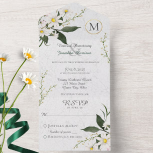 Daisies on Crackled White Paint Monogram  All In One Invitation