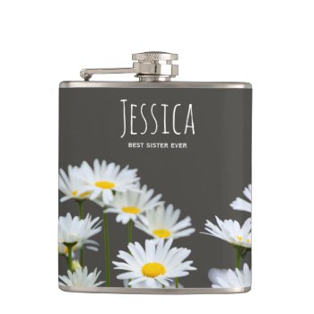Daisies On Grey Personalised Best Sister Ever Flask by LouiseBDesigns at Zazzle