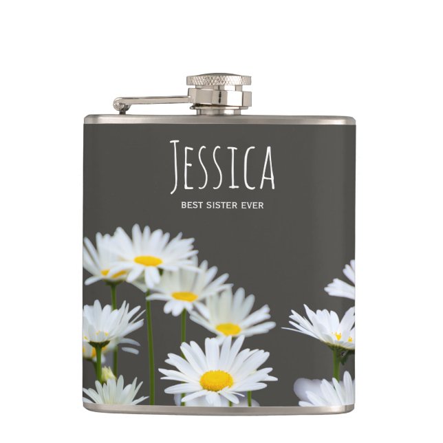 Daisies on Grey Personalised Best Sister Ever Flask (Front)