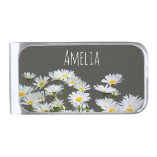 Daisies on Grey Personalised Silver Finish Money Clip
