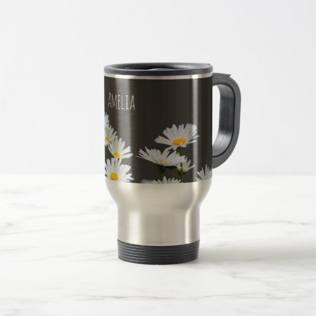 Daisies on Grey Travel Mug (Front Right)
