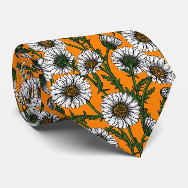 Daisies on orange neck tie (Rolled)