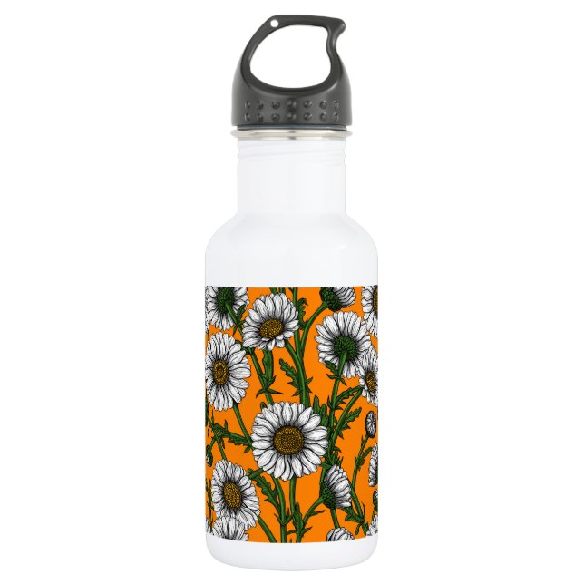 Daisies on orange stainless steel water bottle (Front)