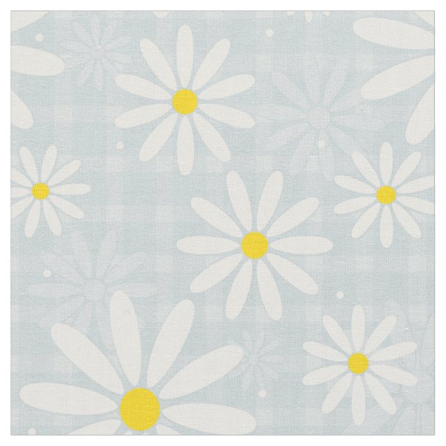 Daisies on pale blue gingham plaid fabric (Close Up)