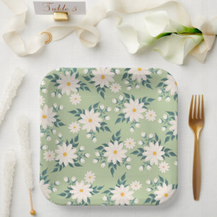 Daisies on Pastel Green Background Paper Plates