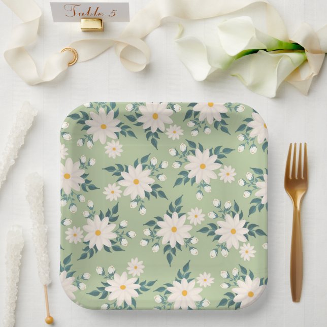 Daisies on Pastel Green Background Paper Plates (Wedding)