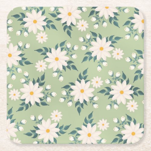 Daisies on Pastel Green Background Square Paper Coaster