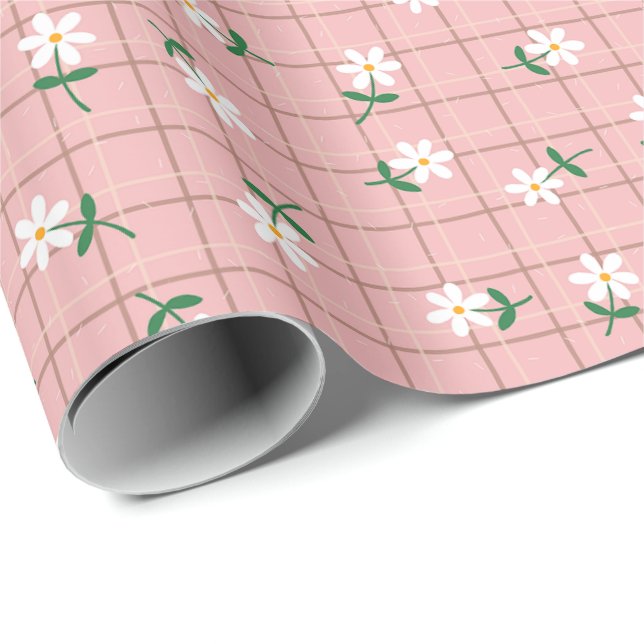 Daisies on Pink Plaid (large scale) Wrapping Paper (Roll Corner)