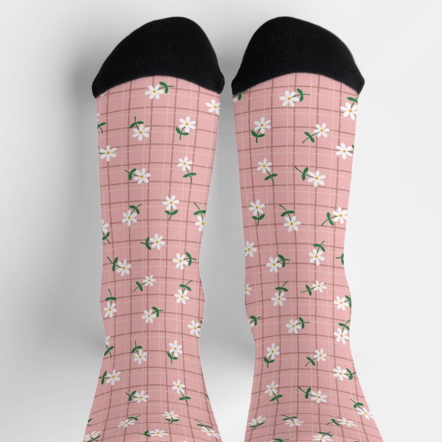 Daisies on Plaid (large scale) Pink Socks (Top)
