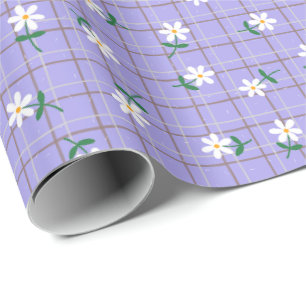 Daisies on Purple Plaid (large scale) Wrapping Paper