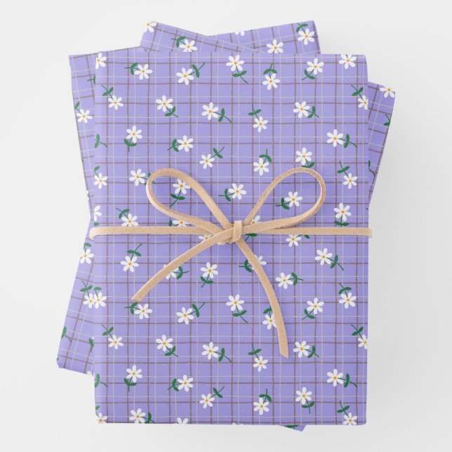 Daisies on Purple Plaid (large scale) Wrapping Paper Sheets (In situ)