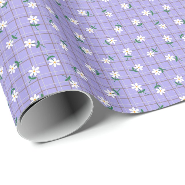 Daisies on Purple Plaid (small scale) Wrapping Paper (Roll Corner)