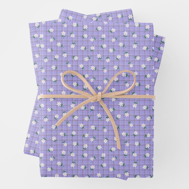 Daisies on Purple Plaid (small scale) Wrapping Paper Sheets (In situ)