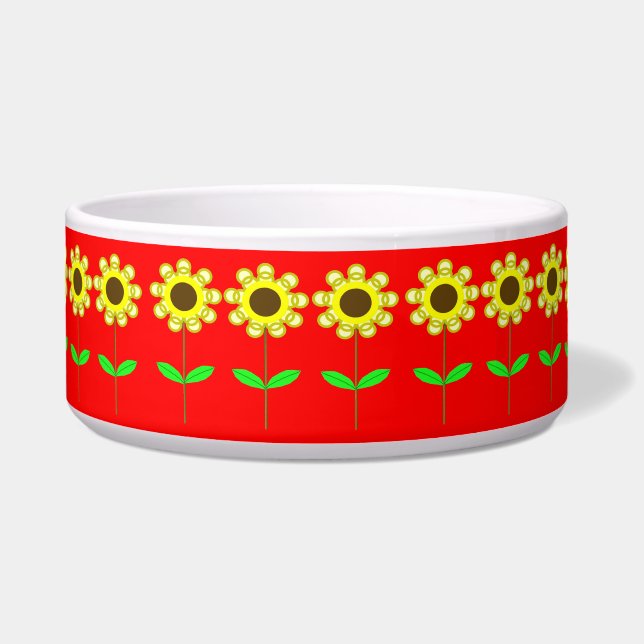 Daisies on Red Ceramic Pet Bowl (Front)