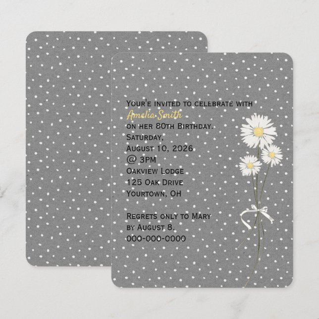 Daisies on white pin dots birthday invite (Front/Back)