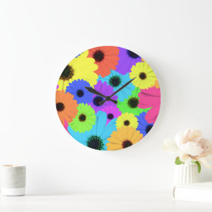 Daisies or Marigolds Colorful Psychedelic Pattern Large Clock
