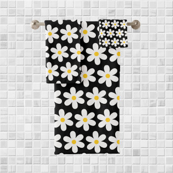 Daisies Retro Floral Pattern White Black Bath Towel Set by HasCreations at Zazzle