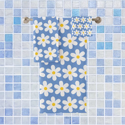 Daisies Retro Floral Pattern White Blue Bath Towel Set