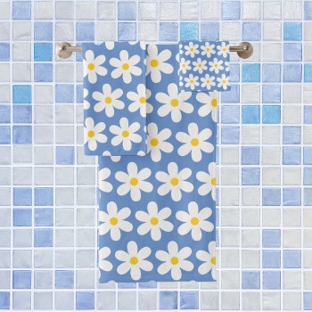 Daisies Retro Floral Pattern White Blue Bath Towel Set by HasCreations at Zazzle