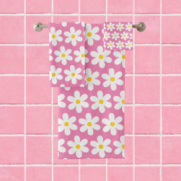 Daisies Retro Floral Pattern White Pink Bath Towel Set