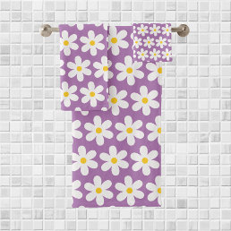 Daisies Retro Floral Pattern White Purple Bath Towel Set