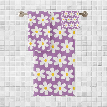 Daisies Retro Floral Pattern White Purple Bath Towel Set by HasCreations at Zazzle