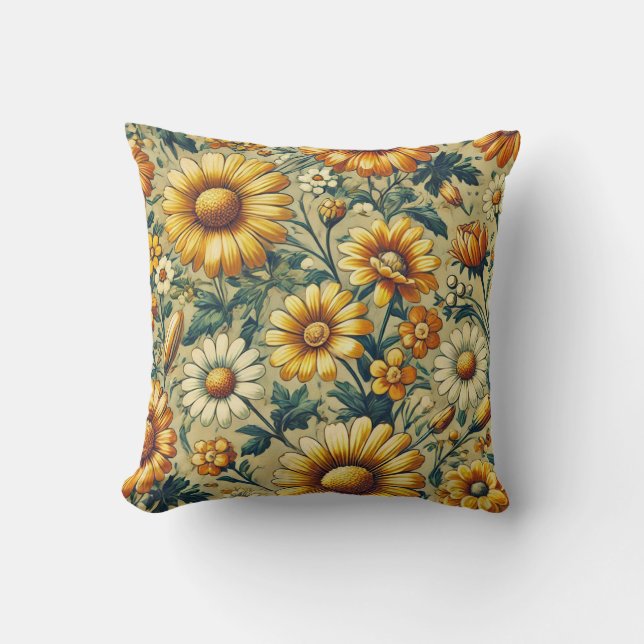 Daisies retro pattern throw pillow (Front)