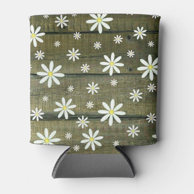 Daisies Rustic Barn Board Daisy Flower Can Cooler (Front)