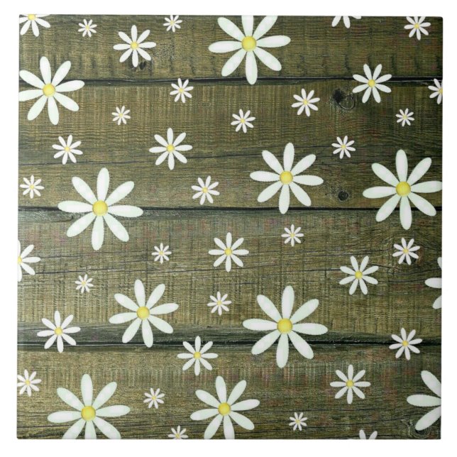 Daisies Rustic Barn Board Daisy Flower Ceramic Tile (Front)