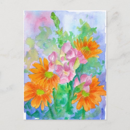 Daisies Snapdragon Orange Watercolor Flowers Postcard