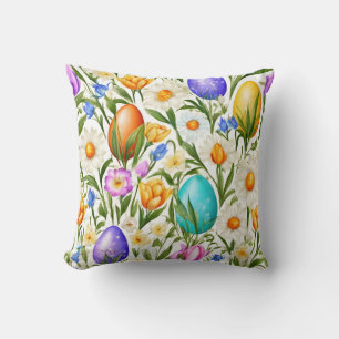 Daisies, Spring Flowers and Easter Eggs. Painting Throw Pillow