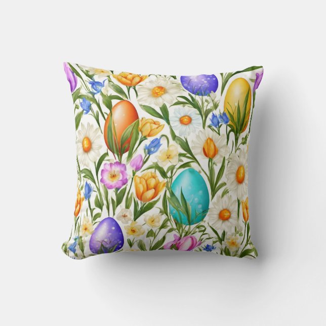 Daisies, Spring Flowers and Easter Eggs. Painting Throw Pillow (Front)