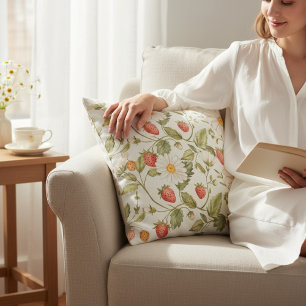 Daisies Strawberries Floral Pattern Cottagecore Throw Pillow
