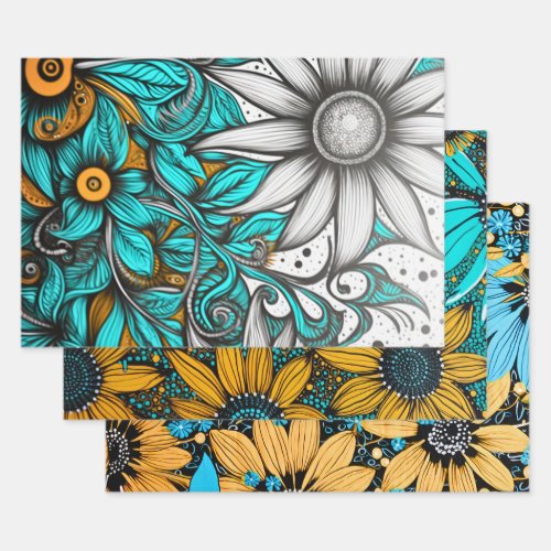 Daisies Sunflowers Wrapping Paper Sheets