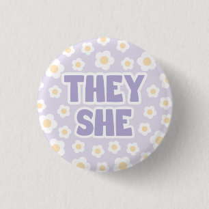 Daisies They/She Pronouns in Purple Button