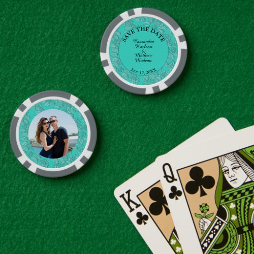 Daisies Turquoise Save the Date  Photo Card Poker Chips