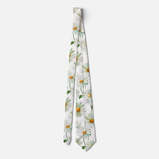 Daisies Watercolor Floral Pattern Neck Tie (Back)