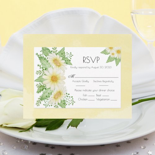 Daisies Watercolor Floral Script Wedding RSVP Card