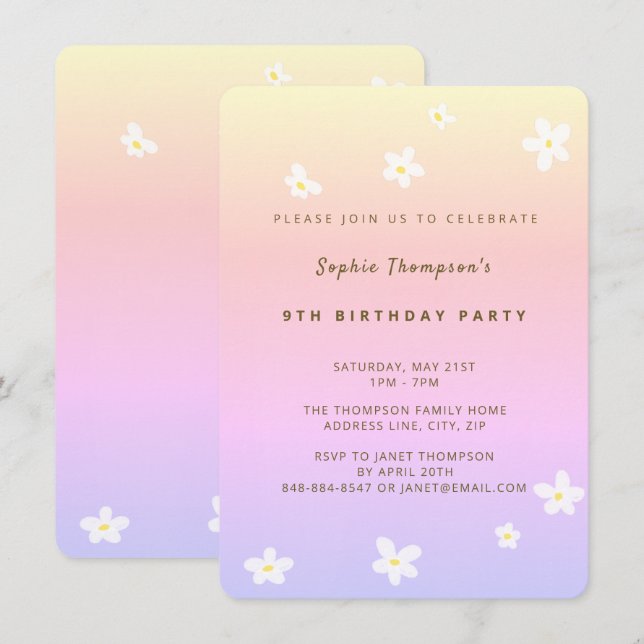 Daisies Watercolor Rainbow Girl Birthday Party Invitation (Front/Back)