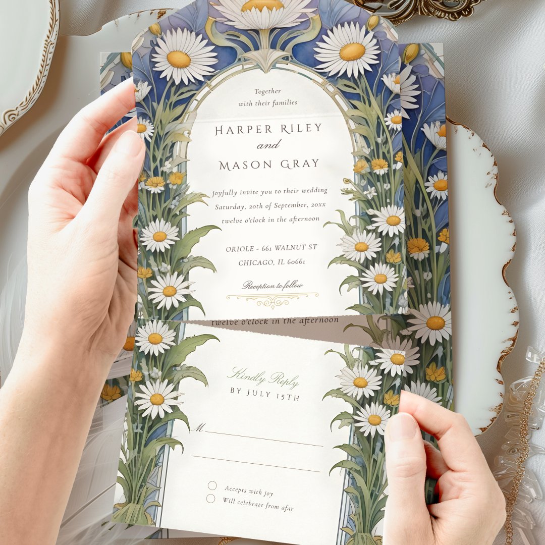 Daisies Wedding Perforated RSVP All In One                    Invitation