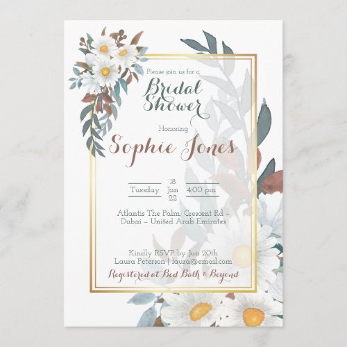 Daisies White Floral Gold Bridal Shower Invitation